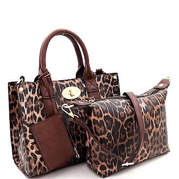 2 in 1 Medium Leopard Print Turn-Lock Accent Satchel