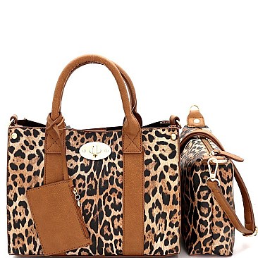 2 in 1 Medium Leopard Print Turn-Lock Accent Satchel
