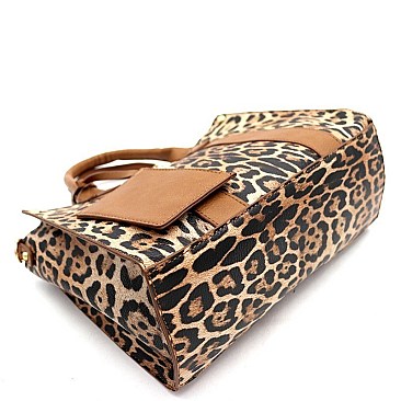 2 in 1 Medium Leopard Print Turn-Lock Accent Satchel