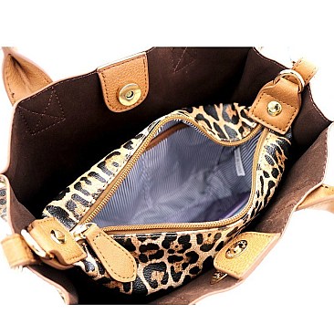 2 in 1 Medium Leopard Print Turn-Lock Accent Satchel