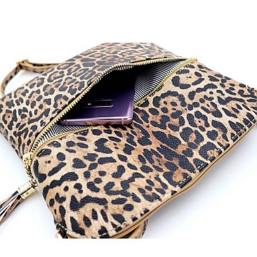TASSEL ACCENT LEOPARD PRINT CROSS BODY MESSENGER