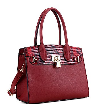 2-Way Medium Snake Print Padlock Accent Satchel