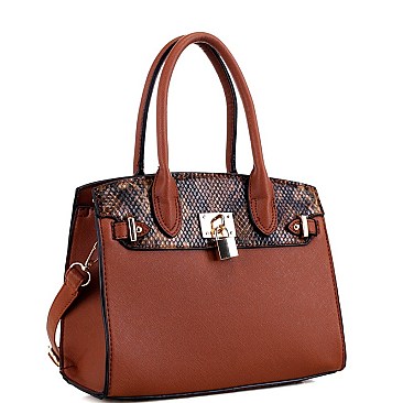2-Way Medium Snake Print Padlock Accent Satchel