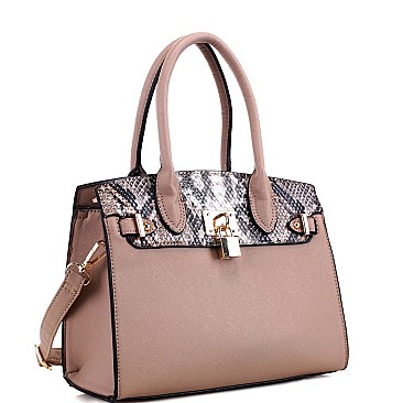 2-Way Medium Snake Print Padlock Accent Satchel