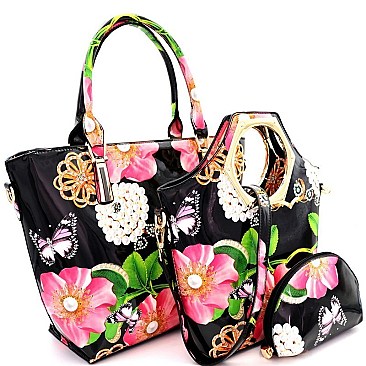 Trendy Flower Butterfly Print Patent 3 in 1 Handle Satchel Tote Value SET MH-LF171F