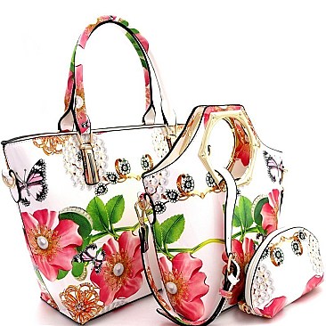 Trendy Flower Butterfly Print Patent 3 in 1 Handle Satchel Tote Value SET MH-LF171F