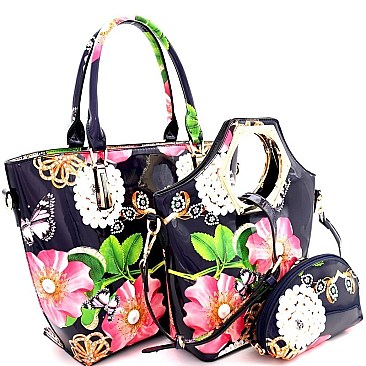 Trendy Flower Butterfly Print Patent 3 in 1 Handle Satchel Tote Value SET MH-LF171F
