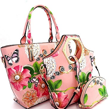 Trendy Flower Butterfly Print Patent 3 in 1 Handle Satchel Tote Value SET MH-LF171F