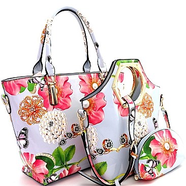 Trendy Flower Butterfly Print Patent 3 in 1 Handle Satchel Tote Value SET MH-LF171F