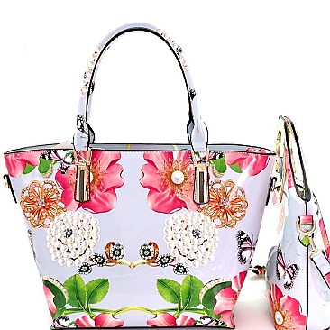 Trendy Flower Butterfly Print Patent 3 in 1 Handle Satchel Tote Value SET MH-LF171F