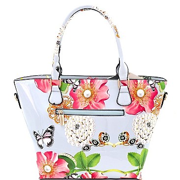 Trendy Flower Butterfly Print Patent 3 in 1 Handle Satchel Tote Value SET MH-LF171F
