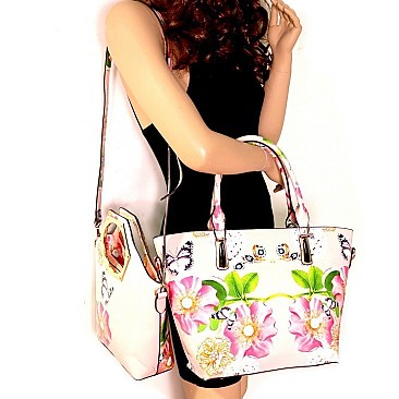 Trendy Flower Butterfly Print Patent 3 in 1 Handle Satchel Tote Value SET MH-LF171F