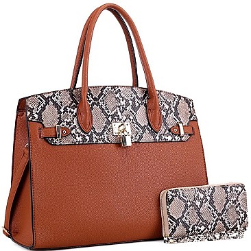 Large Snake Print Padlock Accent Tote Wallet SET