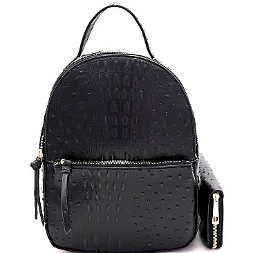 FRONT POCKET OSTRICH EMBOSSED BACKPACK WALLET SET