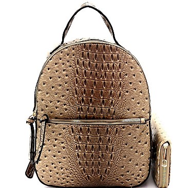 FRONT POCKET OSTRICH EMBOSSED BACKPACK WALLET SET