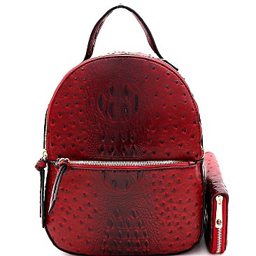 FRONT POCKET OSTRICH EMBOSSED BACKPACK WALLET SET