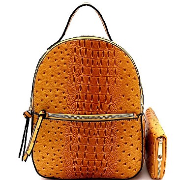 FRONT POCKET OSTRICH EMBOSSED BACKPACK WALLET SET