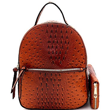 FRONT POCKET OSTRICH EMBOSSED BACKPACK WALLET SET