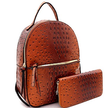 FRONT POCKET OSTRICH EMBOSSED BACKPACK WALLET SET
