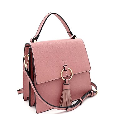 Medium Metal Ring Tassel Accent Flap Satchel Shoulder Bag