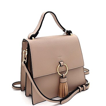 Medium Metal Ring Tassel Accent Flap Satchel Shoulder Bag