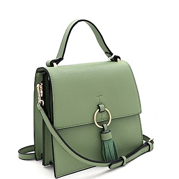 Medium Metal Ring Tassel Accent Flap Satchel Shoulder Bag
