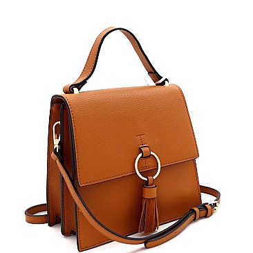 Medium Metal Ring Tassel Accent Flap Satchel Shoulder Bag