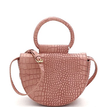 Medium Crocodile Print Round Handle Half-Moon Flap Satchel