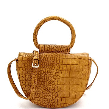 Medium Crocodile Print Round Handle Half-Moon Flap Satchel