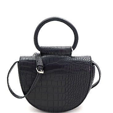 Medium Crocodile Print Round Handle Half-Moon Flap Satchel