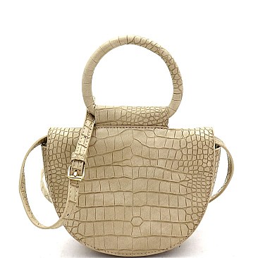 Medium Crocodile Print Round Handle Half-Moon Flap Satchel