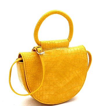 Medium Crocodile Print Round Handle Half-Moon Flap Satchel