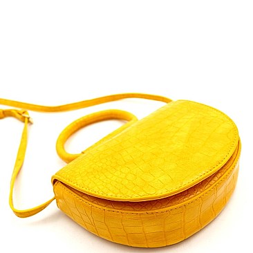 Medium Crocodile Print Round Handle Half-Moon Flap Satchel