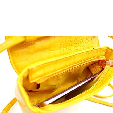 Medium Crocodile Print Round Handle Half-Moon Flap Satchel
