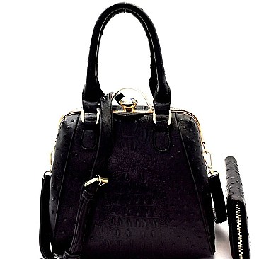 Ostrich Embossed Jewel-Top Frame Satchel Wallet SET MH-LMS0591W