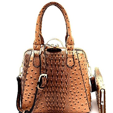 Ostrich Embossed Jewel-Top Frame Satchel Wallet SET MH-LMS0591W