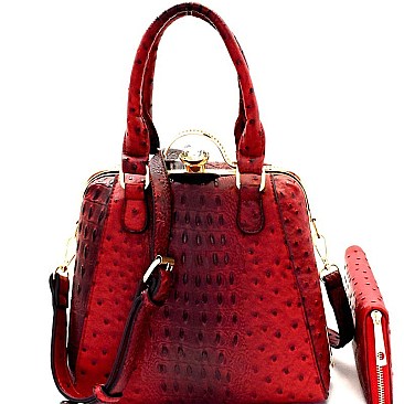 Ostrich Embossed Jewel-Top Frame Satchel Wallet SET MH-LMS0591W