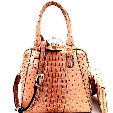 Ostrich Embossed Jewel-Top Frame Satchel Wallet SET MH-LMS0591W