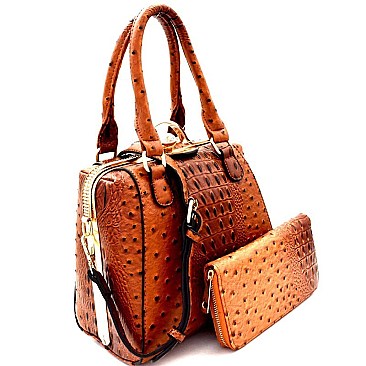 Ostrich Embossed Jewel-Top Frame Satchel Wallet SET MH-LMS0591W