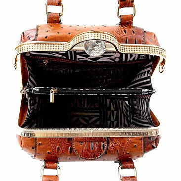 Ostrich Embossed Jewel-Top Frame Satchel Wallet SET MH-LMS0591W