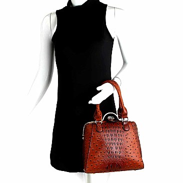 Ostrich Embossed Jewel-Top Frame Satchel Wallet SET MH-LMS0591W