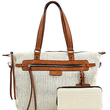 Trendy Knitted Straw Two-Tone Tote Wallet SET MH-LMS0801W