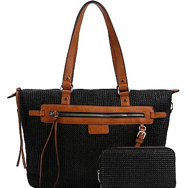 Trendy Knitted Straw Two-Tone Tote Wallet SET MH-LMS0801W