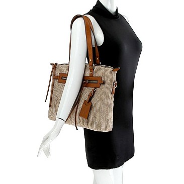 Trendy Knitted Straw Two-Tone Tote Wallet SET MH-LMS0801W