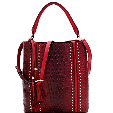Studded Tassel Accent Ostrich Print 2-Way Hobo