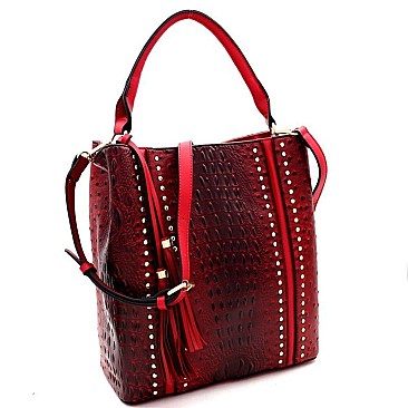 Studded Tassel Accent Ostrich Print 2-Way Hobo