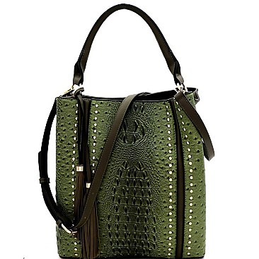Studded Tassel Accent Ostrich Print 2-Way Hobo