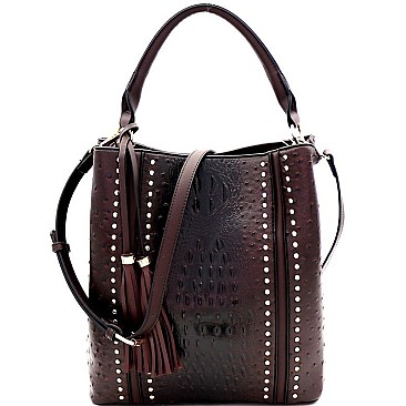 Studded Tassel Accent Ostrich Print 2-Way Hobo