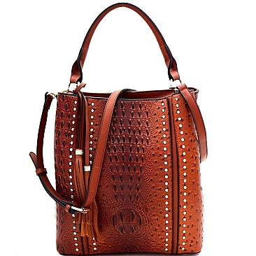 Studded Tassel Accent Ostrich Print 2-Way Hobo