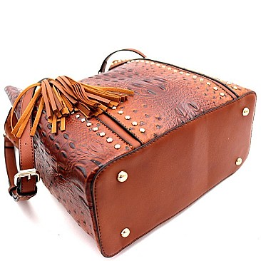 Studded Tassel Accent Ostrich Print 2-Way Hobo